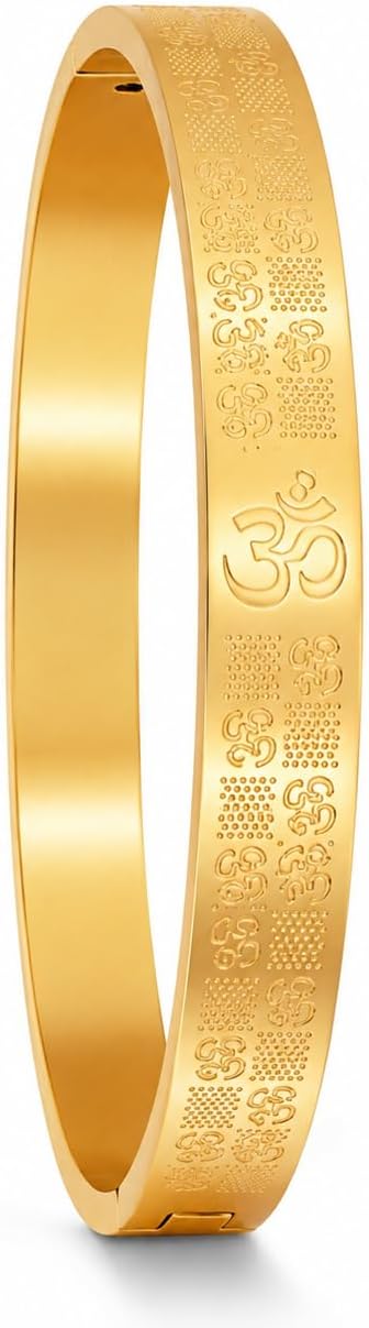 Om Kada for Men Gold Plated Stainless Steel Bracelet for Boys | Spiritual Om Engraved Kada | Adjustable Sikh Kara Style Bangle | Fashion Wrist Band Jewelry Gift for Men