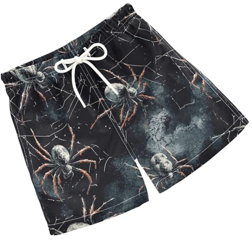 Pigsaly Boys' Swim Board Shorts Watercolor White Spider Webs Black Spiders Boy's Swim Trunks Kids Swimwear 2T