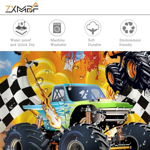 Image of Monster Truck Shower Curtain Cool Cartoon Racing Car Boy Home Bathroom Decor Waterproof Fabric 72Lx72W Inch with Plastic 12PCS Hooks