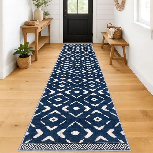 KILOCOCO Hallway Runner Rug 2.6'x12' Runners for Hallways Washable Runner Soft Non Slip Printed Geometric Low-Pile Rugs Runners for Bedroom Kitchen Living Room Boho Rugs, Blue