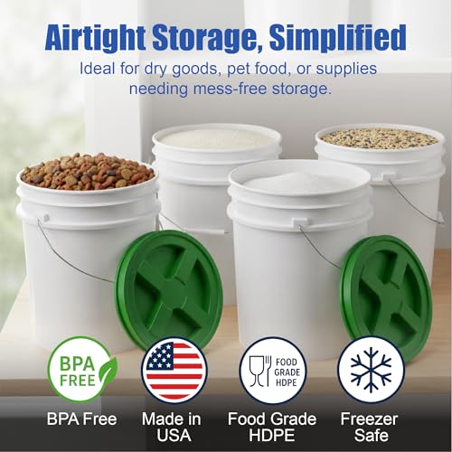 Image of ePackageSupply 5 Gallon Bucket - Food Grade w /Lid BPA-Free, White /Green, 3 | Airtight Gamma Seal Screw-On Lid, Heavy-Duty 90 Mil HDPE Plastic, Food Safe and Durable Container, Bulk Storage, Made in USA