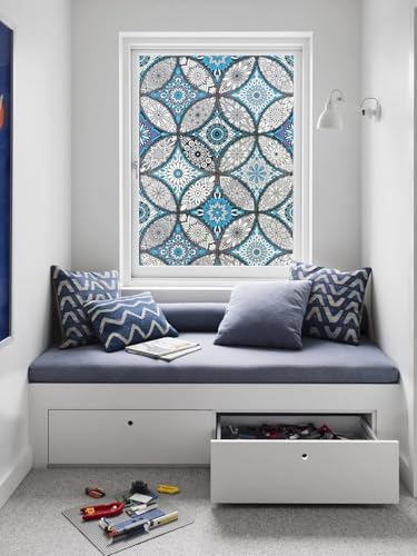 Image of Premium Vinyl Privacy Mandala Window Glass Sticker (24x72 Inch) - Self-Adhesive Film Decorative Opaque Sheet Tint Wallpaper for Glass Cover Window, Door, Office, Home.| Anti-UV. Blue