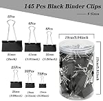 Binder Clips, 145 Pcs 6 Assorted Sizes Paper Clips with Plastic Box, Metal Paper Clips Clamps for Office, School and Home Supplies, Black