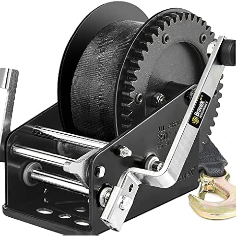 Bravex Boat Trailer Winch 3500lbs with 33ft Strap, Heavy Duty Hook Portable Hand Winch, Two Way Ratchet Manual Winch for SUV ATV UTV for 4:1/8:1 Gear Crank Winch (3500lb with Cable Black Winch) Cover