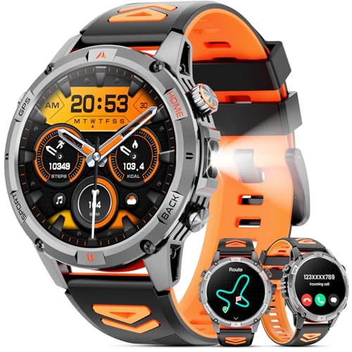 Military Smart Watch(Answer/Make Call), GPS Smartwatch for Men with LED Flashlight Compass, 1.46" HD Screen Fitness Tracker, 100+ Sport Modes, Rugged Smart Watches Compatible for iPhone Android