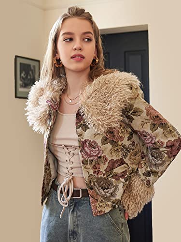 Jackets For Women Fuzzy Collar Floral Jacket Women's Jackets (Color : Multicolor, Size : Large) #TOP4