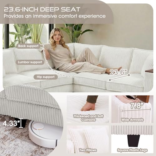 Image of 97 Inches Corduroy Couch with 2 Pillows Deep Seat Sectional Sofa Armrests with Two Hidden Storage Space Corner Couch Oversized L Shaped Cloud Couches for Living Room Beige