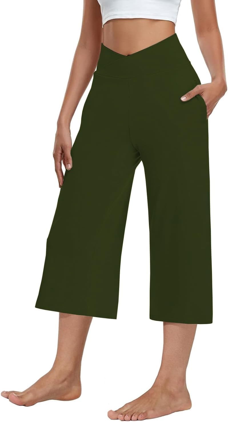 3 Pack Women's Wide Leg Yoga Pants Crossover High Waist Casual Capri Pants Loose Soft Pajama Pocket Sweatpants - Image 3