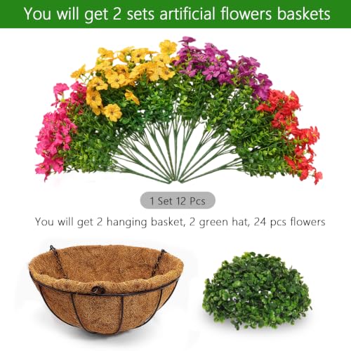 Image of 2 Set Artificial Outdoor Flowers with Hanging Basket for Garden Porch Patio Balcony Yard Home Decoration
