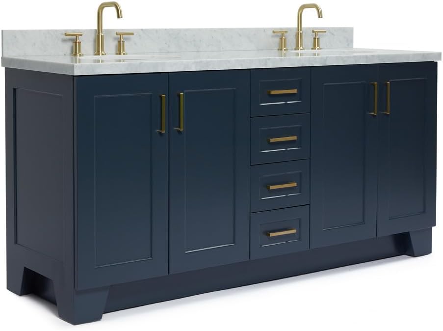 ARIEL Taylor 72-inch Bathroom Vanity with Sink,Solid Wood, 1.5-inch Italian Carrara Marble Countertop, Double Oval Porcelain Sink, 4 Soft Closing Doors, 6 Dovetail Drawers, Midnight Blue