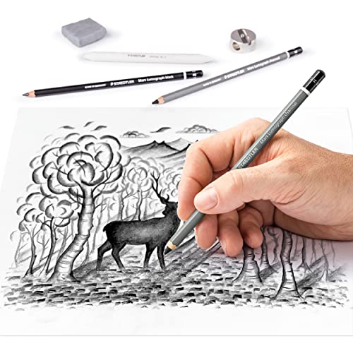 Image of STAEDTLER Charcoal Set, Complete Set with 3 Charcoal Pencils, 5 Premium Artist Pencils, 1 Paper Wiper, 1 Kneadable Artist Eraser, 1 Sharpener and Step-by-Step Instructions, 61 100C