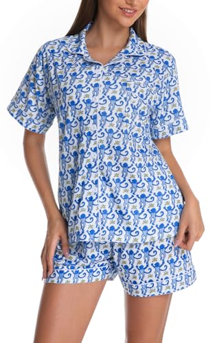 Image of Womens Pajamas Set Shorts Button Down 2 Piece Monkey Bunny Y2k Roller Dupes Rabbit Preppy Lounge Pjs Comfy Sleep Wear