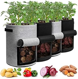 Homyhoo Potato Grow Bags with Flap 10 Gallon, 4 Pack Planter Pot with Handles and Harvest Window for Potato Tomato and Vegetables, Black and Gray…