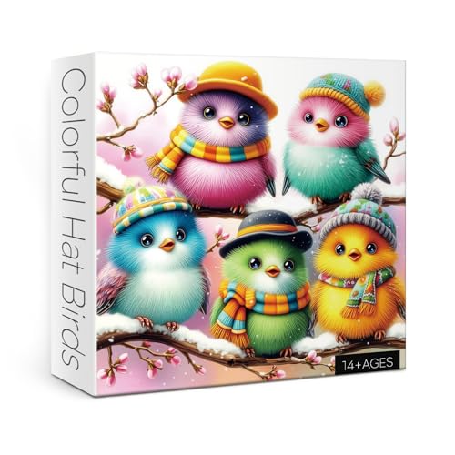 Colorful Bird Hat Puzzles para adultos 1000 piezas, puzzle de naturaleza con arte de pájaros en sombreros coloridos miniatura 1