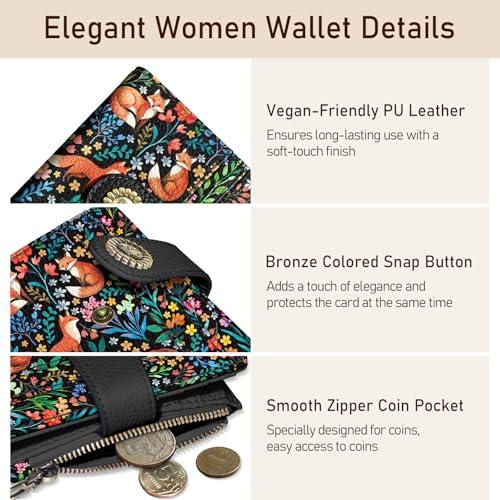 Image of Kelvoris Cute Floral Fox Flowers Boho Small Rfid Women Wallet Coin Pocket | Bifold Zipper PU Leather Compact Cash Credit Card Holder Travel Purse for Female Ladies Teen Girls 1 ID Window 10 Card Slots