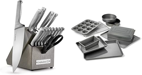 Calphalon Juego de cuchillos de cocina con bloque autoafilable, juego de 15 piezas y utensilios antiadherentes para hornear, juego de 10 piezas