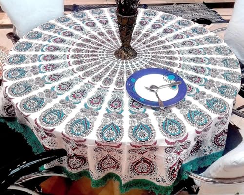 Image of RHF Cotton Round Tablecloth, 75 inch Dining Round Table Cover, Multicolor Traditional Print 4-6 Seater Round Table Cover with Fringed Lace Border
