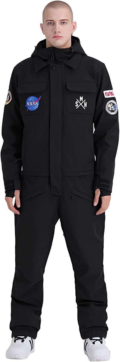 GSOU SNOW Ski Suit Men Snowsuit One Piece Ski Outfits Jumpsuit Jackets | 15k Waterproof,10k Breathable,Windproof,Adjustable Drawtring Hat,Thigh Vent Zippers,Drop-Seat Zipper,10 Pockets for Snowsport