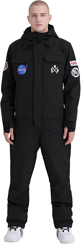 GSOU SNOW Ski Suit Men Snowsuit One Piece Ski Outfits Jumpsuit Jackets | 15k Waterproof,10k Breathable,Windproof,Adjustable Drawtring Hat,Thigh Vent Zippers,Drop-Seat Zipper,10 Pockets for Snowsport