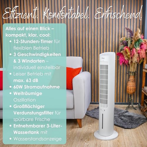 3in1 Standventilator mit Wasserkühlung für sehr leise Operation - Mobile Klimaanlage ohne Abluftschlauch - Verdunstungsk