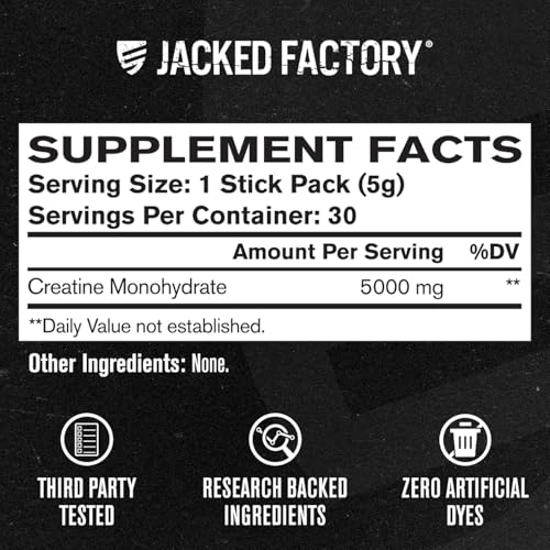 Image of Jacked Factory Creatine Monohydrate Stick Packs 150g - 5g Daily Creatine Supplement for Men and Women, Vegan-Friendly, Third-Party Tested - 30 Servings, Unflavored