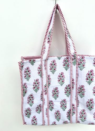 Image of Quilted Cotton Handprinted Reversible Large multicolor Floral Tote Bag,Hand Block Print Shopping Shoulder Carry Bag