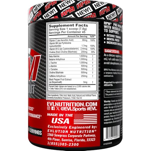 Image of Evlution EVL RPM Pre Workout Powder - 45 Servings - Tropical Punch | Preworkout for Energy, Focus & Performance - with Beta-Alanine, Caffeine, Betaine & L-Tyrosine