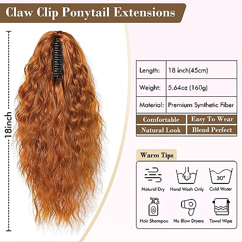 PORSMEER Ponytail Extension,Claw Clip Ponytail Hair Extensions Copper Orange Natural Looking Long Curly Wavy Multi Layered Fluffy Synthetic Hairpiece for Women Girls Party Daily Wear 18inch - Image 2