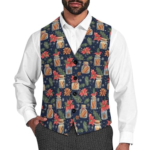 Vintage Glass Jars Christmas Suit Vest for Men Slim Fit Tuxedo Waistcoat Button Down V Neck Business Dress Coat