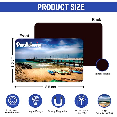 Image of Elegant Fridge Magnet with Themes |Rectangular Size Refrigerator Magnet with Magnetic Rubber Back | Pack of 1, 8.6cm X 5.4cm (Pondicherry - Design 3)