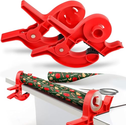 Wrapping Paper Cutter, 2 Pcs Gift Wrapping Paper Holder Clamps with Integrated Tape Dispensers, Tabletop Gift Wrapping Tool,for Birthdays Christmas Gifts Packaging