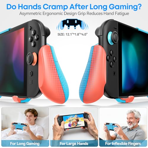 Image of OIVO Grip Compatible with Nintendo Switch 2, Switch 2 Ergonomic Grip Case with Adjustable Stand, Comfort Game Accessories with 5 Game Card Slots and 4 Thumb Caps, Orange Blue