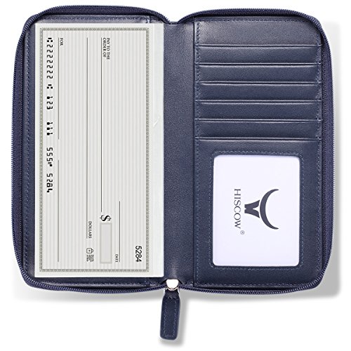 Image of HISCOW Leather Checkbook Cover, Zippered Wallet with Card Slots, Dark Blue | Full grain cowhide, 5cc & ID window, personal check book & register pockets, removable duplicate divider, women secure zipper
