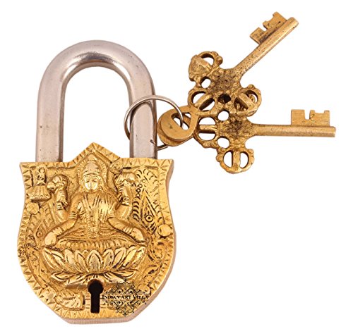 Image of Indian Art Villa Handmade Old Vintage Style Antique Godess Laxmi Ji Design Brass Security Lock with 2 Keys Om Design on Back, Home Temple Office
