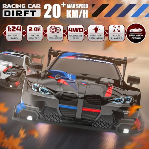 Image of FLYTEK RC Drift Racing Car 1:24 Scale 4WD 2.4GHz 20 Kmph (Black and Red) | LED Lights, Replaceable Tyres, Flexible PVC Shell, Multi-Player Support, USB Rechargeable