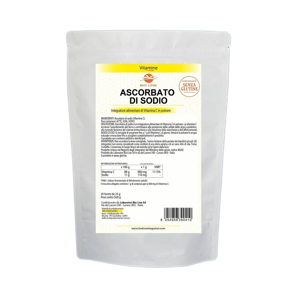 Bio Line Ascorbato di Sodio - Vitamina C Polvere Pura 500 g (20 Bustine da 25 g) Integratore Difese Immunitarie con Elevata Concentrazione di Antiossidanti, Integratori Alimentari Made in Italy
