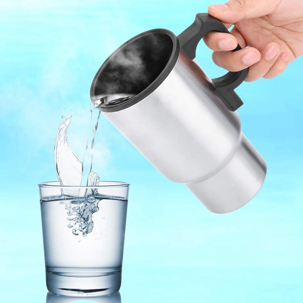 Stainless Steel Heating Cup 12V 450mL Electric Car Kettle Portable Coffee Milk Warmer with 4 Temperature Settings Fast Boiling Auto Shut-Off and Boil Dry Protection for Travel and