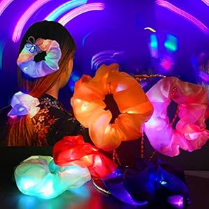 12 Pcs Light Up Scrunchies, LED Scrunchies Silk Hair Bands, Neon Satin Ponytail Elastic Hair Tie, Glow in the Dark Hair…