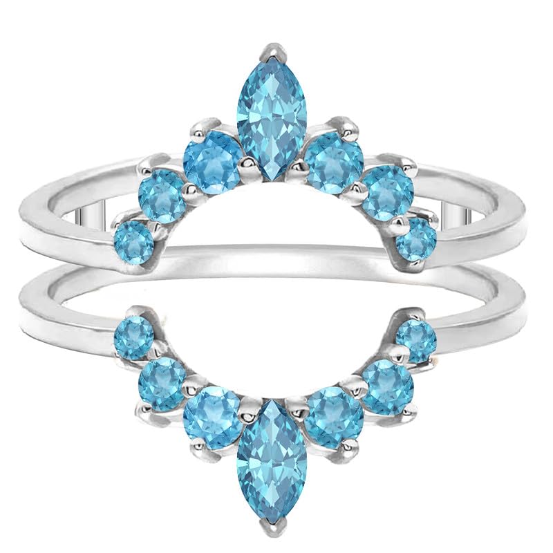 Marquise & Round Cut Blue Topaz Curved Crown Enhancer Guard For Women, 14K White Gold Plated December Birthstone Blue Topaz Chevron Contour Crown Enhancer Wrap Guard Matching Band