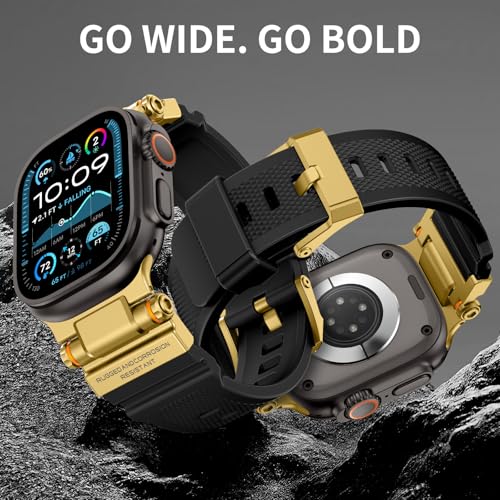 Image of FOAMUNOC Rugged Band Compatible with Apple Watch Ultra 3 /2 /1 Band 49mm /46mm /45mm /44mm /42mm, Metal Connector with Silicone Strap for iWatch Ultra Series 11 /10 /9 /8 /7 /6 /SE3 /SE2 /SE /5 /4 /3 /2 /1, Gold Black