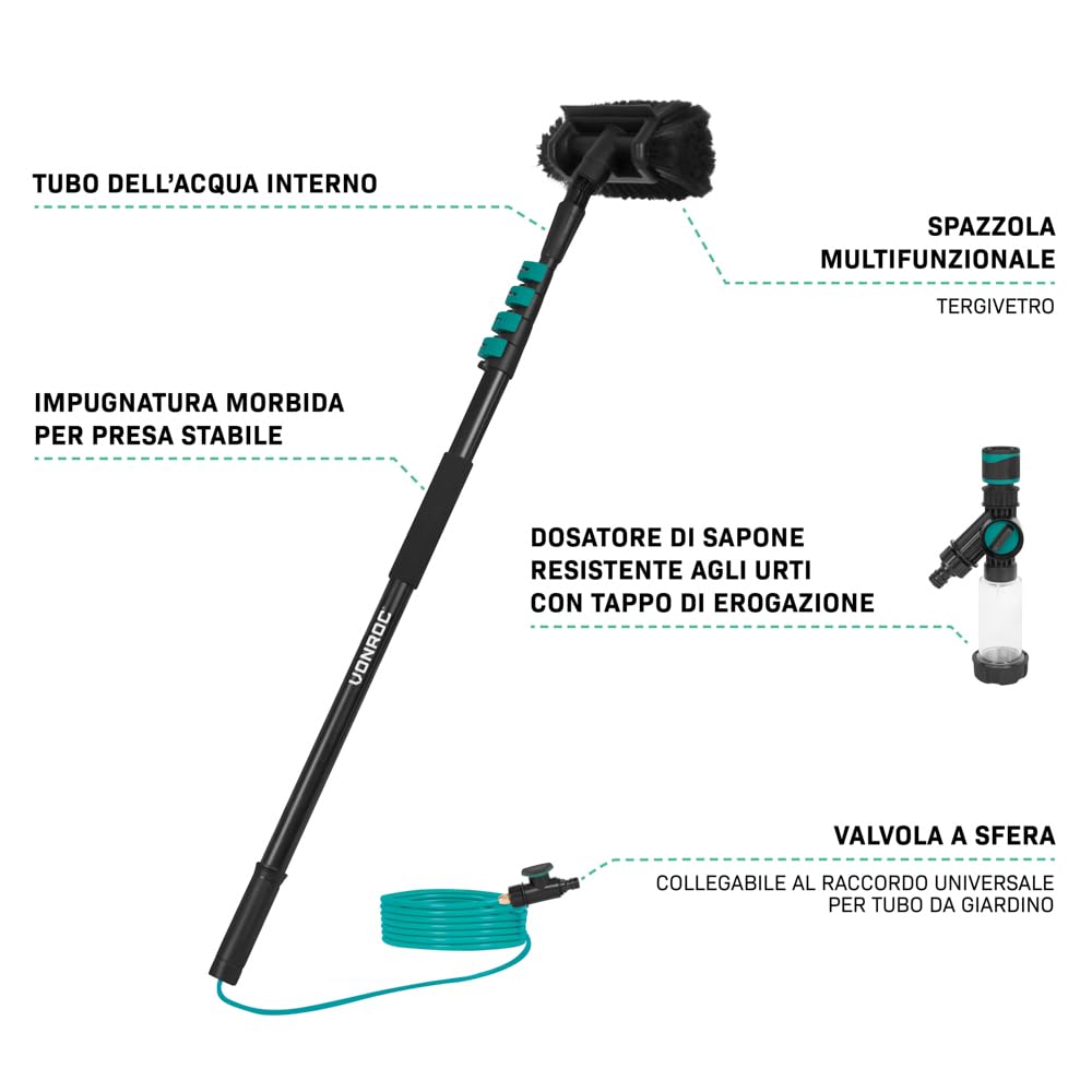 VONROC Spazzola telescopica- 4,60 m - Include spazzola multiuso, tubo flessibile da 6 metri e dispenser di sapone