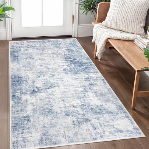 IOHOUZE Abstract Area Rug 3x5 Ft Washable Rugs for Entryway Indoor, Non Slip Kitchen Rug Printed Faux Wool Throw Rugs, Indoor Door Mat for Door Entrance Foyer Living Room, Light Blue White