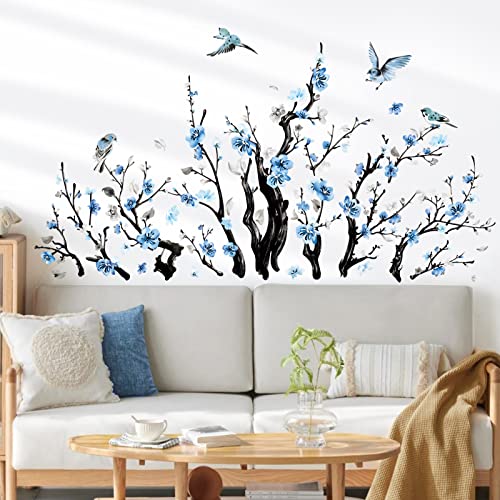 wondever Watercolor Flower Tree Branch Wall Stickers Blossom Blue Floral Birds Peel and Stick Wall Art Decals for Living Room Bedroom - Image 3