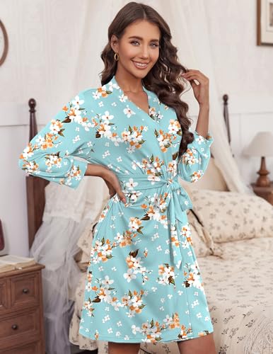 Image of Ekouaer Women's Robes Lightweight 3 /4 Sleeve Short Knit Bathrobe Soft Knee Length Sleepwear Robes with Pockets S-XXL