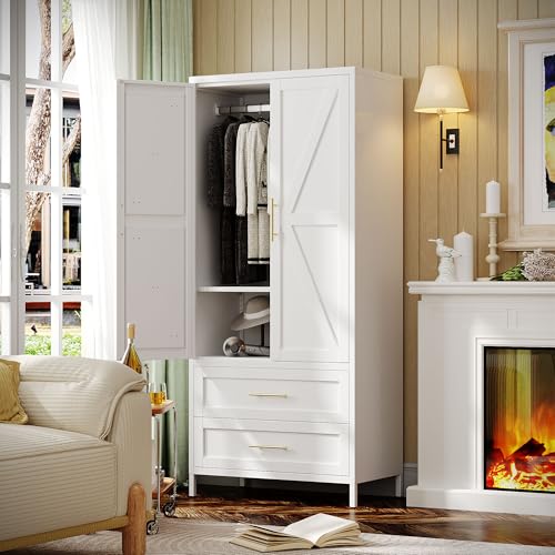 Image of SUPEER Metal Wardrobe Closet with 2 Drawers,71 inch Tall Metal Armoire Storage Cabinet with Hanging Rod and Adjustable Shelves,Freestanding Steel Clothing Organizer for Home,White,Required Assembly