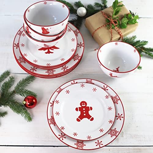 Euro Ceramica Winterfest Collection 12 Piece Dinnerware Set | Festive Ceramic Stoneware Dinnerware Set | Service for 4 | Hand-Stamped Holiday Design, Red & White Christmas Patterns,WFT-12000-DS