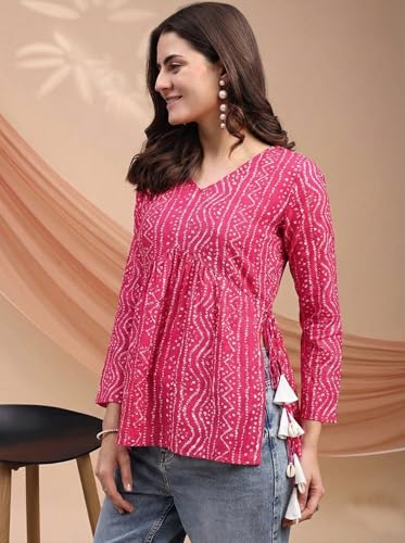 Image of MAHIRA'S Women's Short Kurti, Black Rayon Tunic Top with Embroidered Sleeves, 3 /4 Designer Sleeves