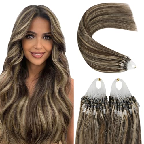 YoungSee Micro Ring Hair Extensions Brown 24inch,Long Straight Human Hair Extensions Micro Loop,Dark Brown with Blonde Highlight,for All-Day Wear,Cold Fusion,50s 50g Add Length