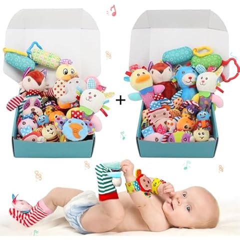 Wrist Rattles Foot Finder Rattle Sock Baby Toy, Hanging Rattle Toy, Hand Bracelet Rattle, Feet Leg Ankle Socks, Activity Rattle Present Gift for Newborn Infant Babies Boy Girl-24pcs AD Cover