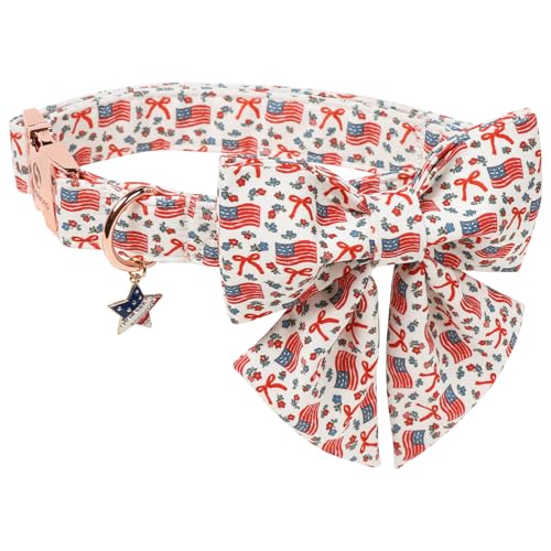 DOGWONG American Flag Dog Collar with Sailor Bow - Adjustable and Comfortable 4th of July Dog Collar Patriotic Necklace for Large Medium Small Pet S